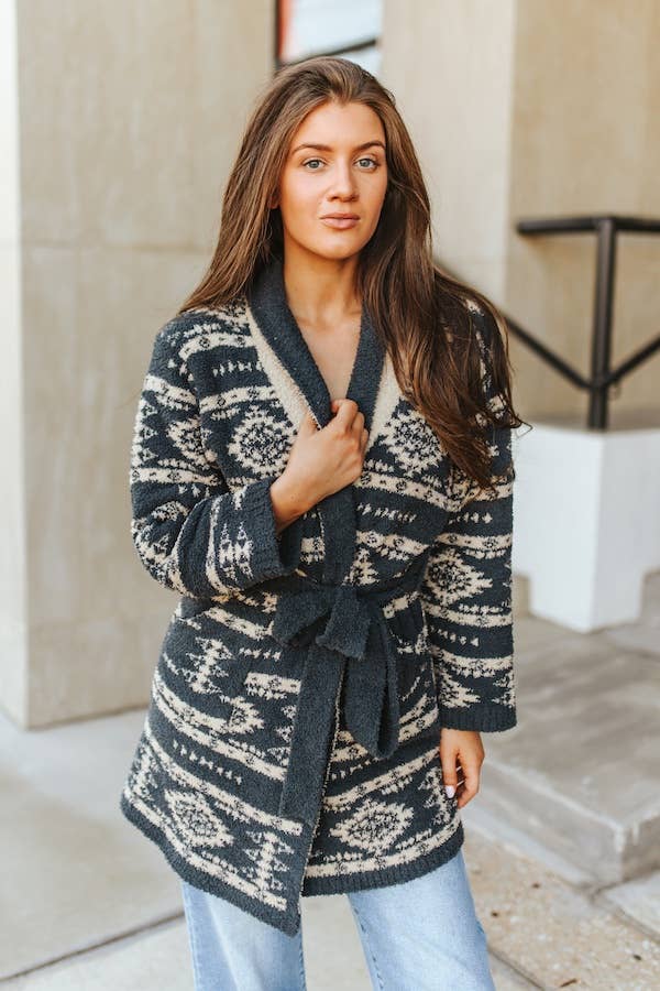 Charcoal Grey Cream Aztec Long Sleeve Cardigan