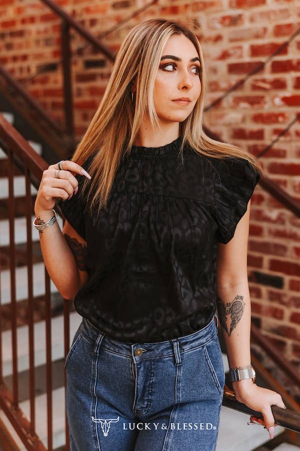 Black Leopard Satin Pleated Ruffle Sleeveless Top