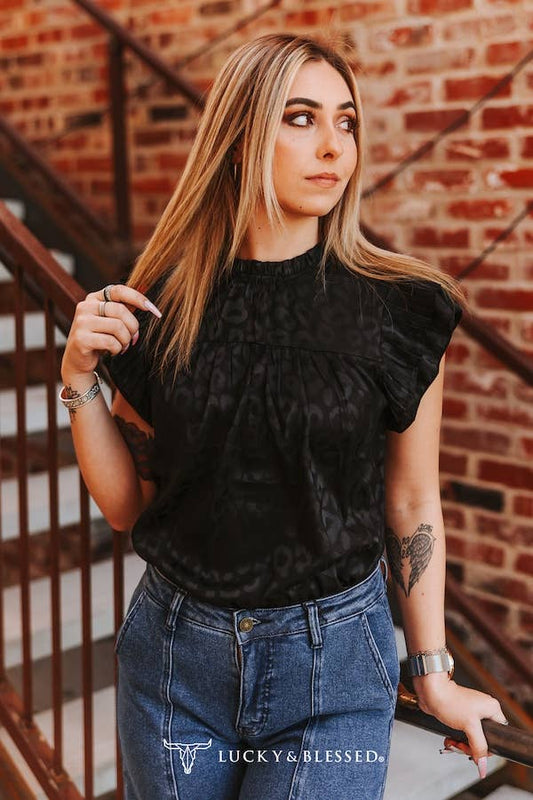 Black Leopard Satin Pleated Ruffle Sleeveless Top