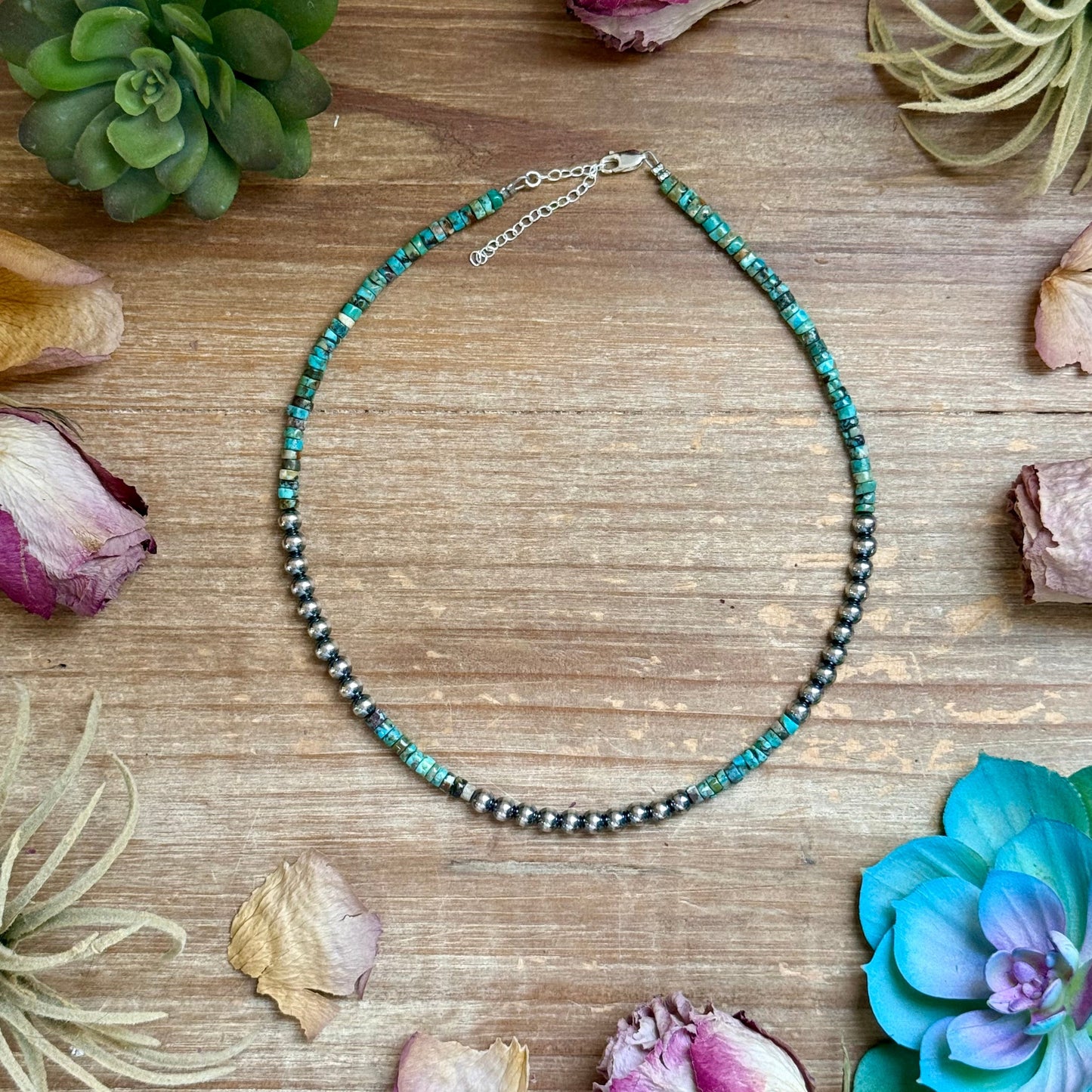 15” Heishi Turquoise Necklace – 4mm Turquoise & 5mm Sterling Silver Pearls