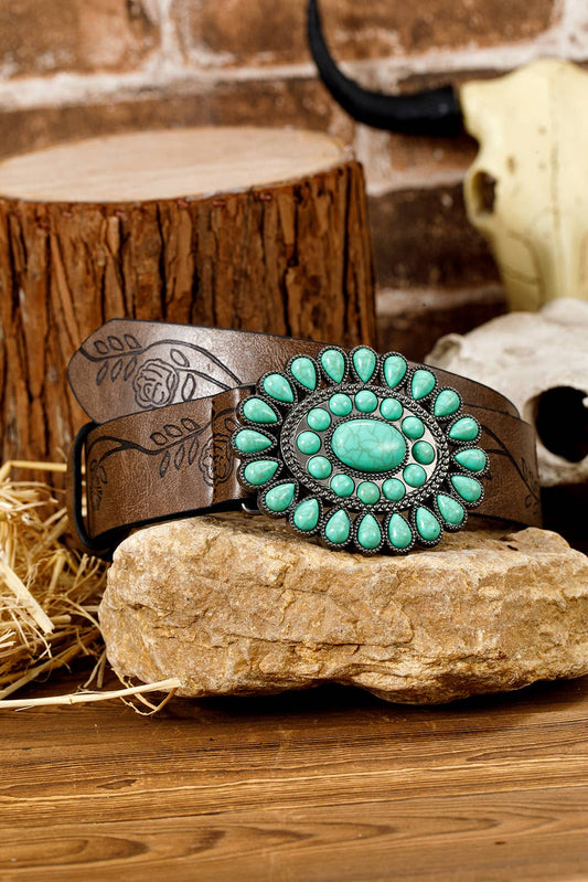 Turquoise Gem Stone Western Fashion Faux Leather Belt