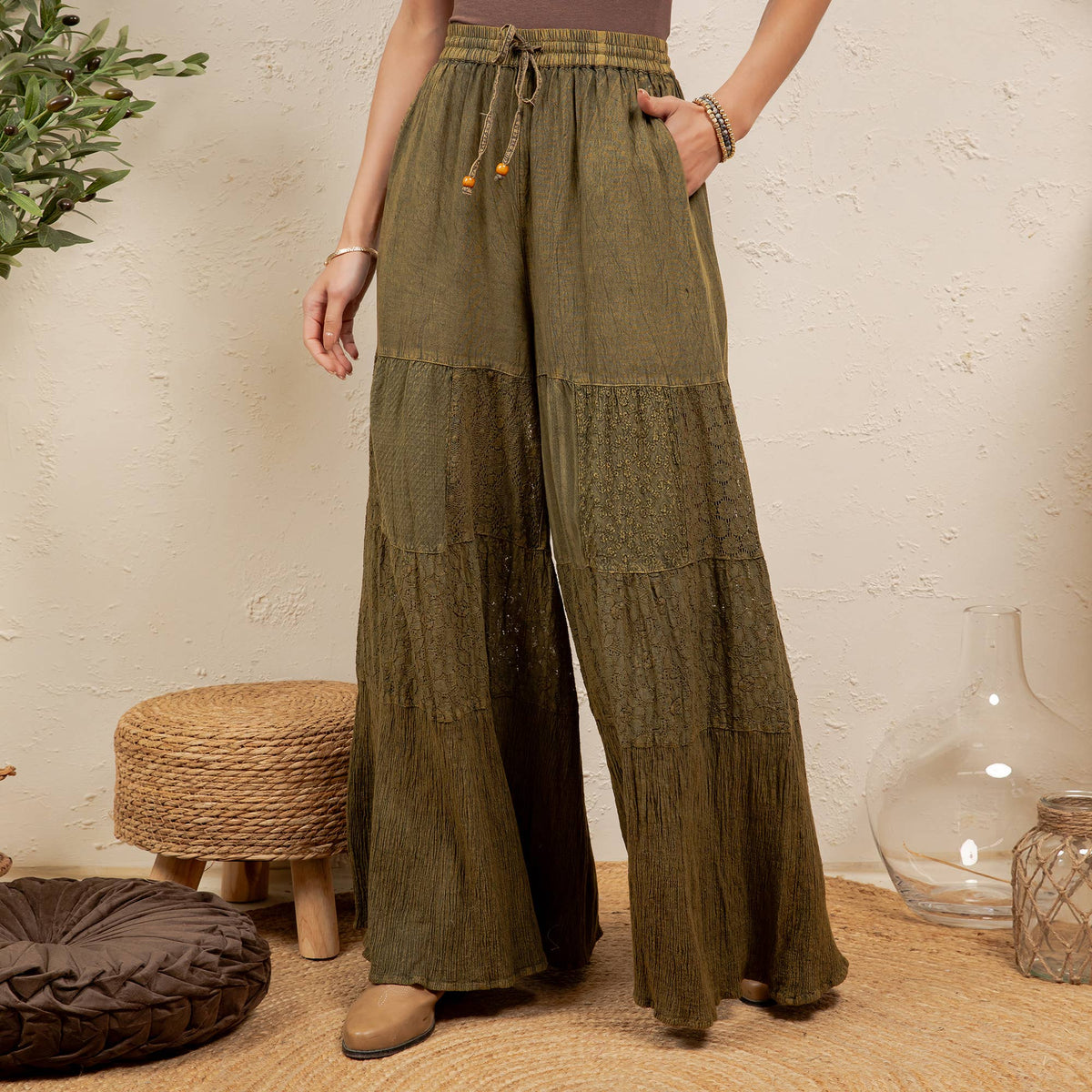 Artisan Flax 4-Tier Denim Patchwork Wide Leg Pants