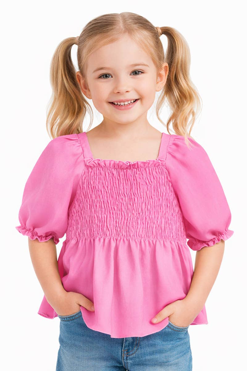 Girl's Fashion Top w/Smocking & Puff Sleeve Pink