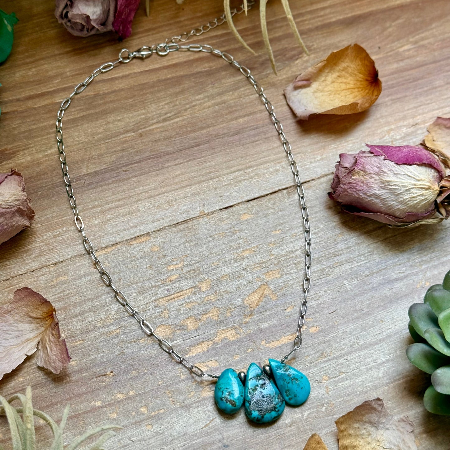 15” Turquoise Teardrop Chain Necklace – Silver Plated Paperclip