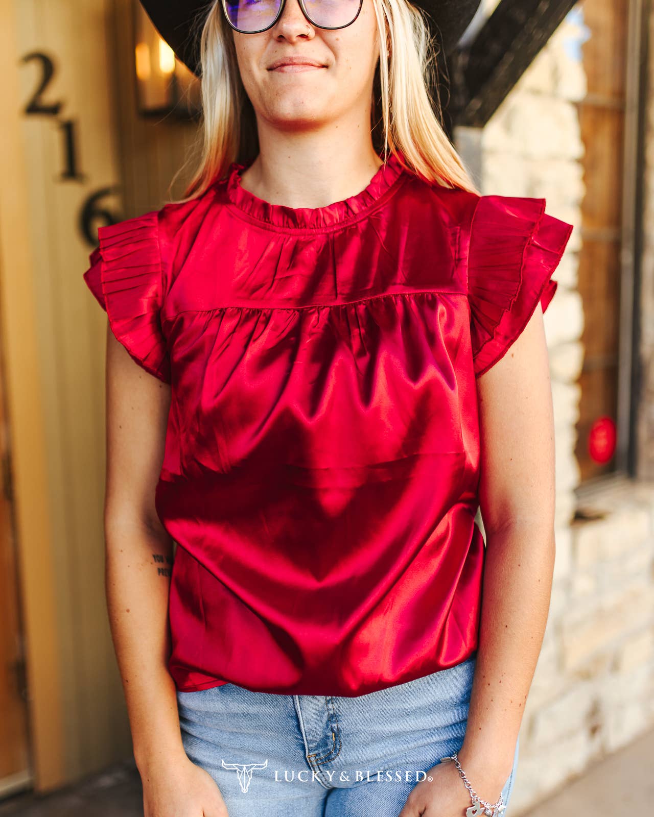 Red Satin Pleated Ruffle Sleeveless Top