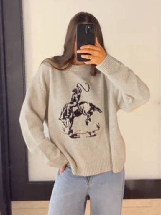Western Horse Cowboy Rodeo Knit Sweater crewneck pullover