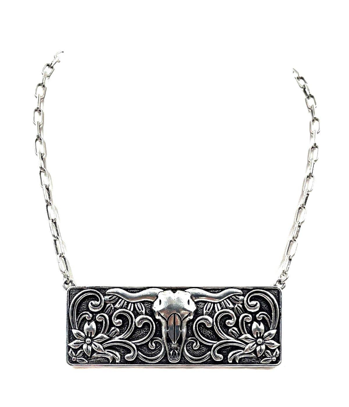 Western Steer Head Metal Plate Necklace