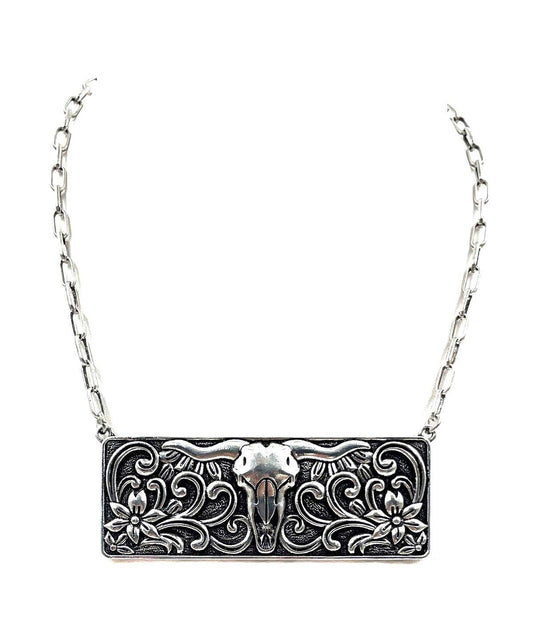 Western Steer Head Metal Plate Necklace