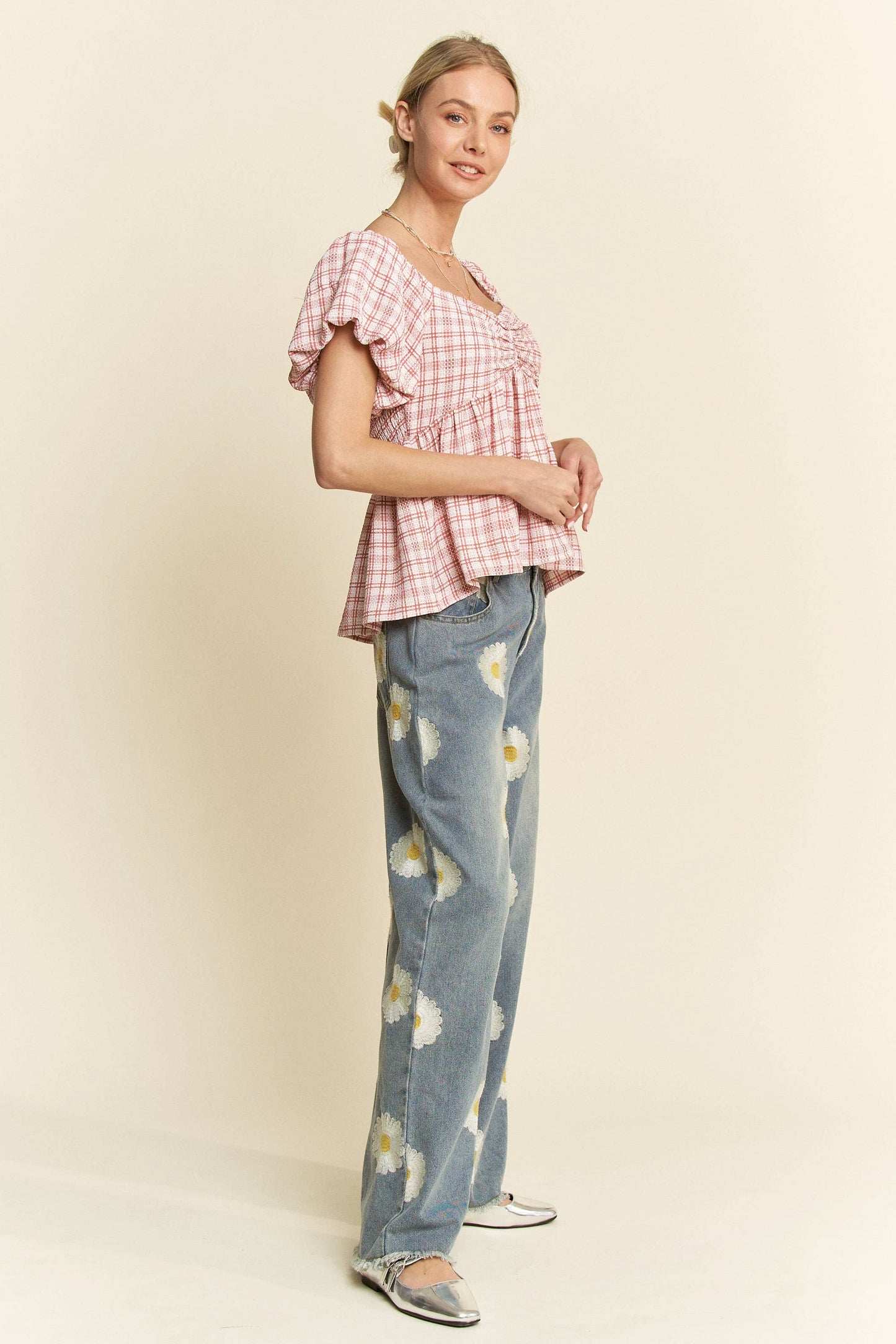 PLAID PUFF SLEEVES RUFFLED SMOCKED TOP BLOUSE