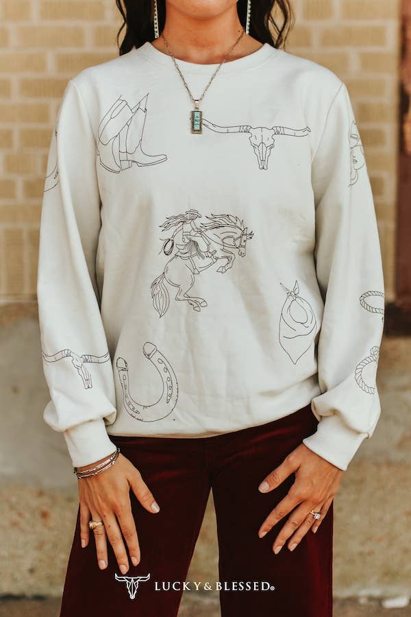Ivory Western Printed Round Neck Pull Over Sweater