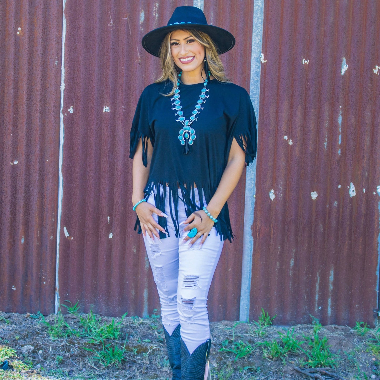 Faux Turquoise Squash Blossom Necklace w/ Short Black Tassel