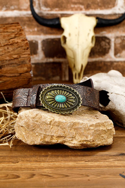 Retro Turquoise Plate Decor Embossed Faux Leather Belt