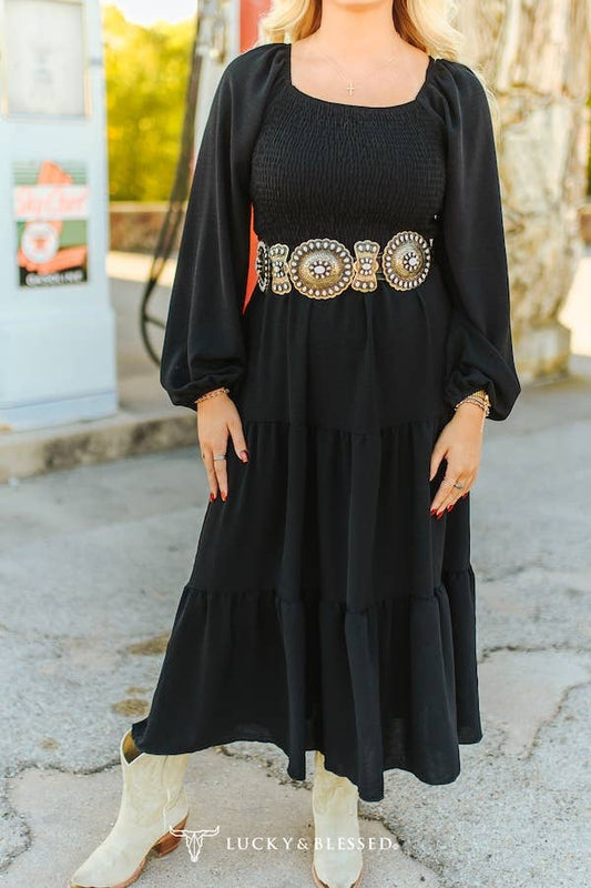 Black Long Sleeve Puff Sleeve Tiered Maxi Dress