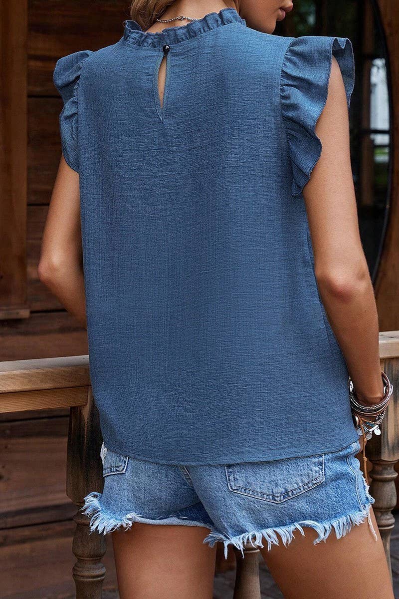 RUFFLE SLEEVE PLEATED PULLOVER SHORT SLEEVE TOP