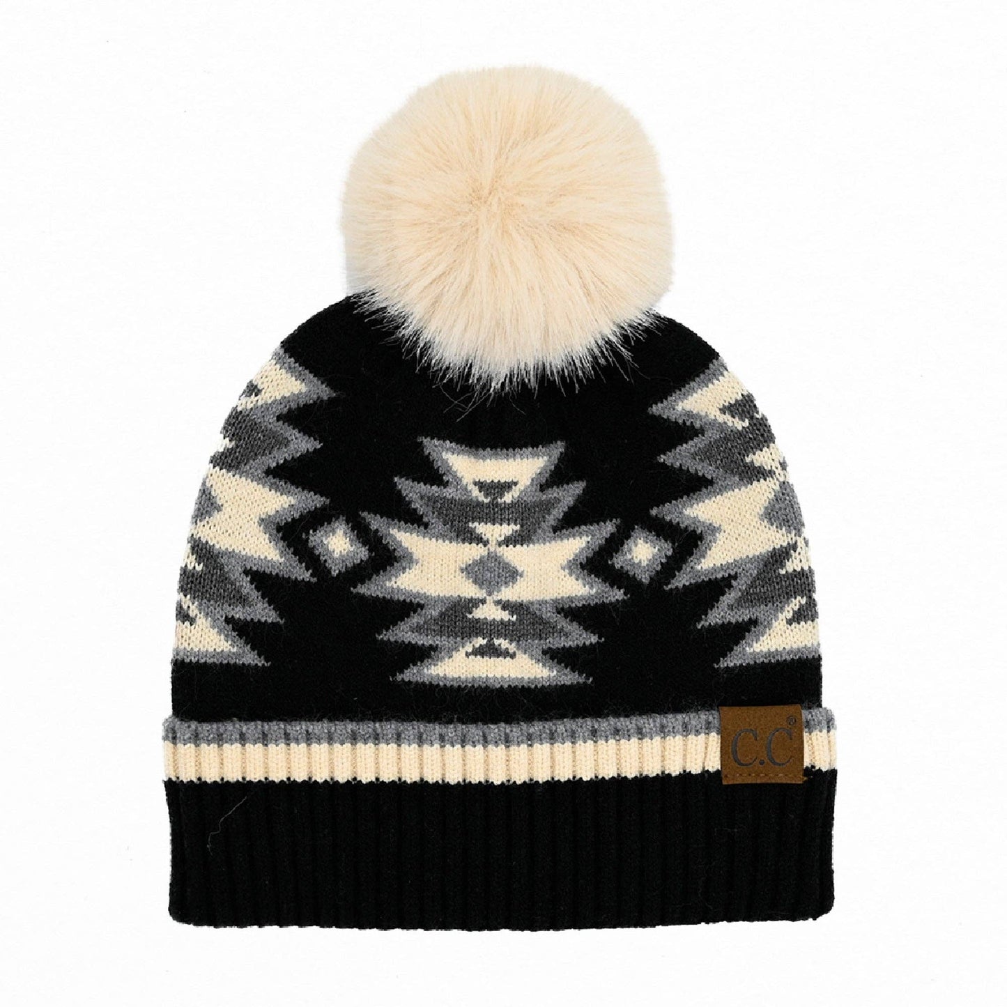 CC South Western Pattern Faux Fur Pom Beanie