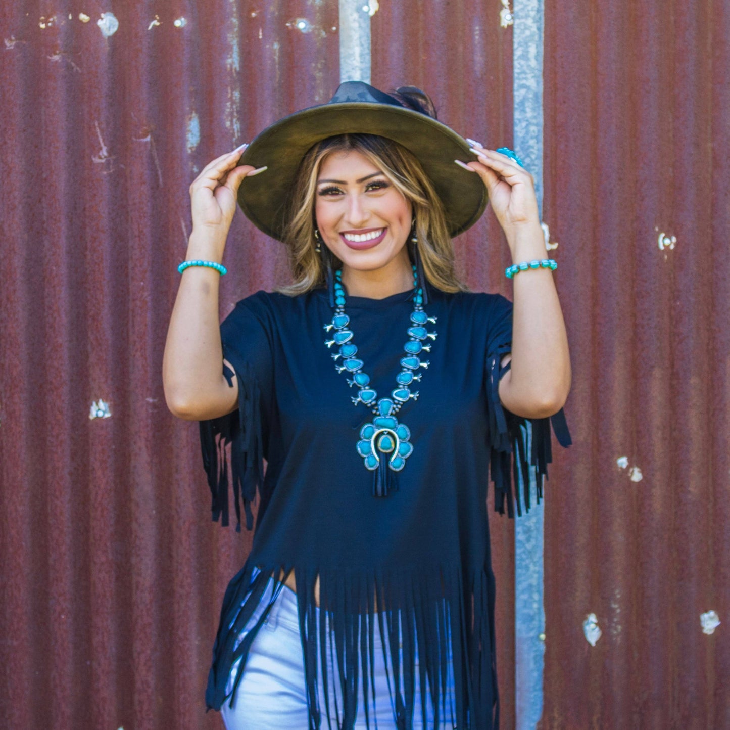 Faux Turquoise Squash Blossom Necklace w/ Short Black Tassel