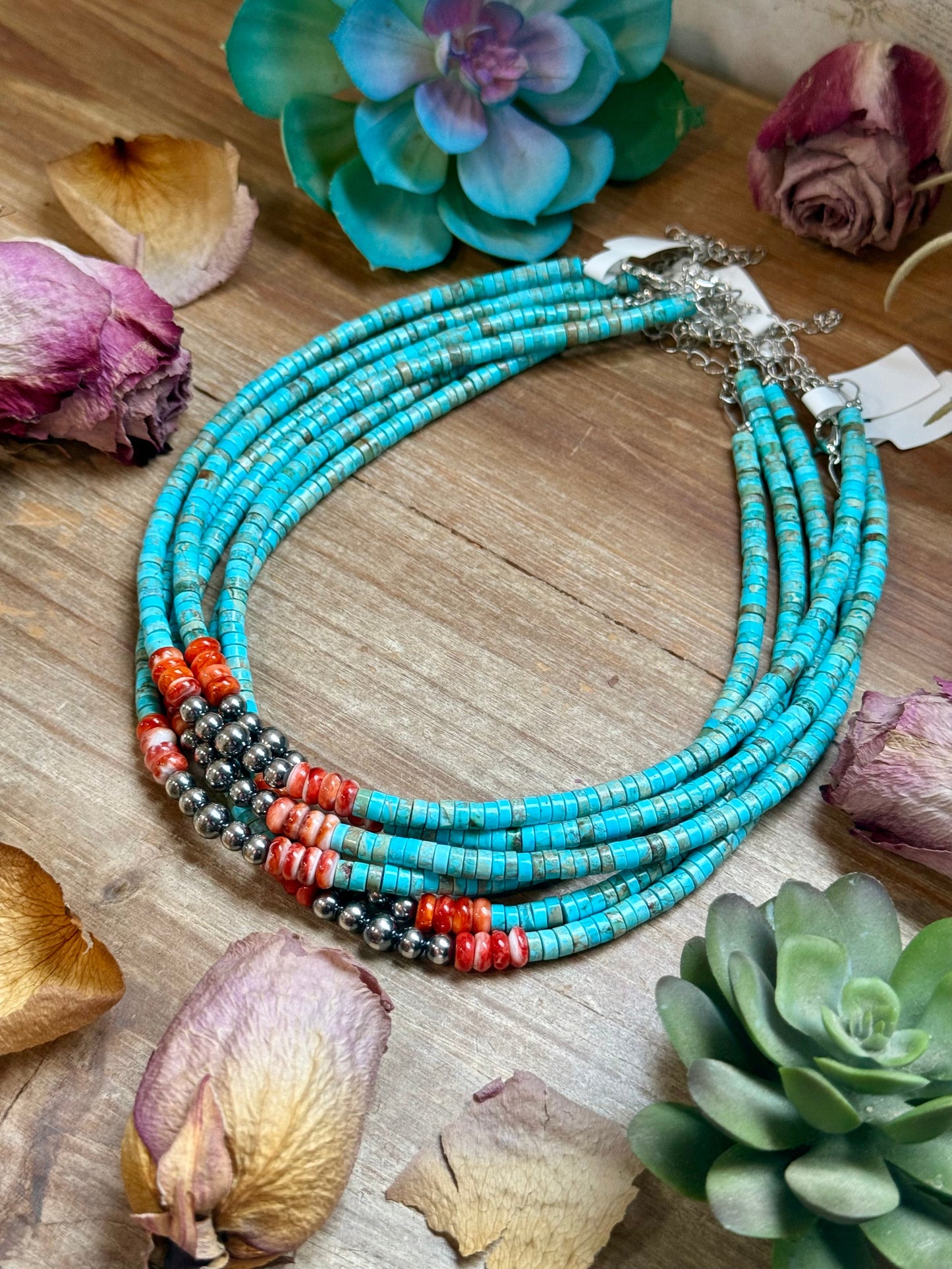 14” Vibrant Choker – Turquoise, Spiny Oyster & Sterling Silver
