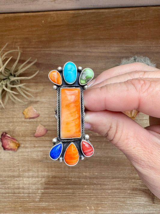 Long Ring- Size 5 - mix stone turquoise, spiny and sterling silver