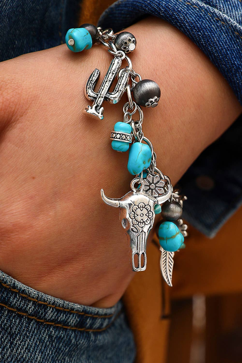 Western Steer Head Turquoise Charm Alloy Bracelet
