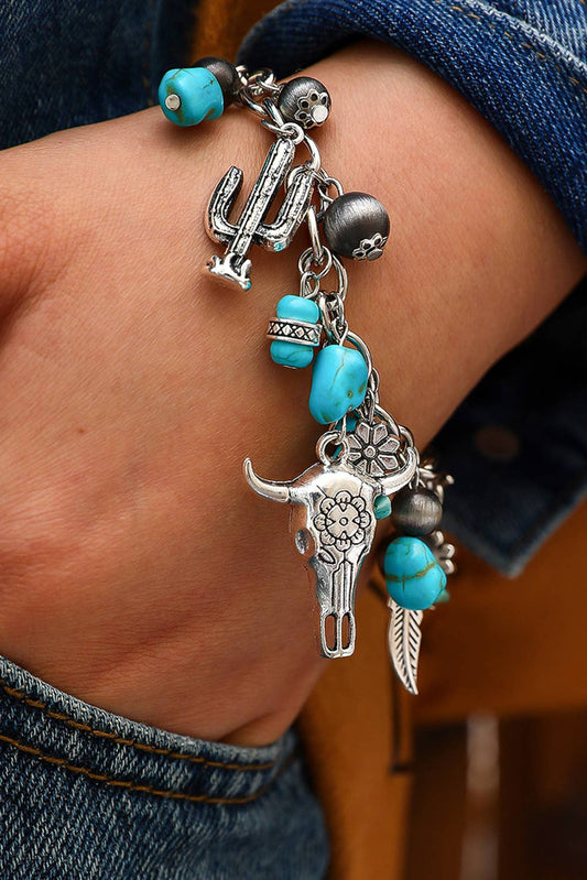 Western Steer Head Turquoise Charm Alloy Bracelet