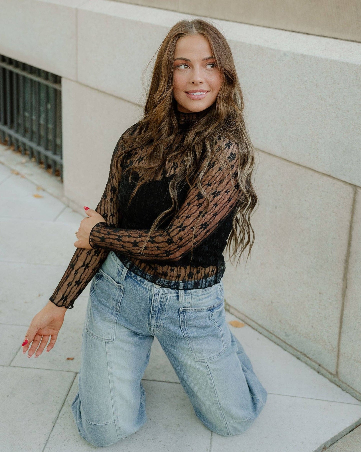 Claire Floral Lace Long Sleeve Slim Fit Top - Black