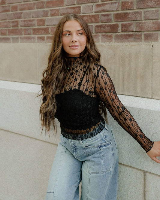 Claire Floral Lace Long Sleeve Slim Fit Top - Black