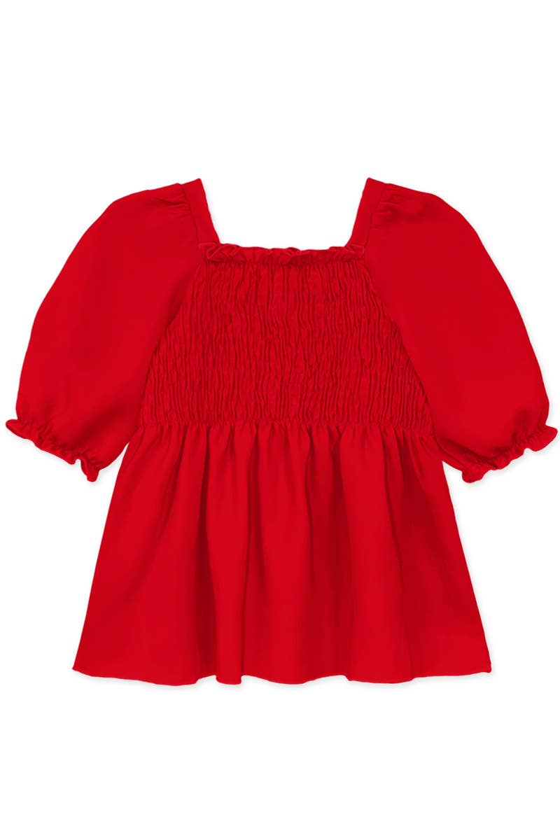 Girl's Fashion Top w/Smocking & Puff Sleeve Red