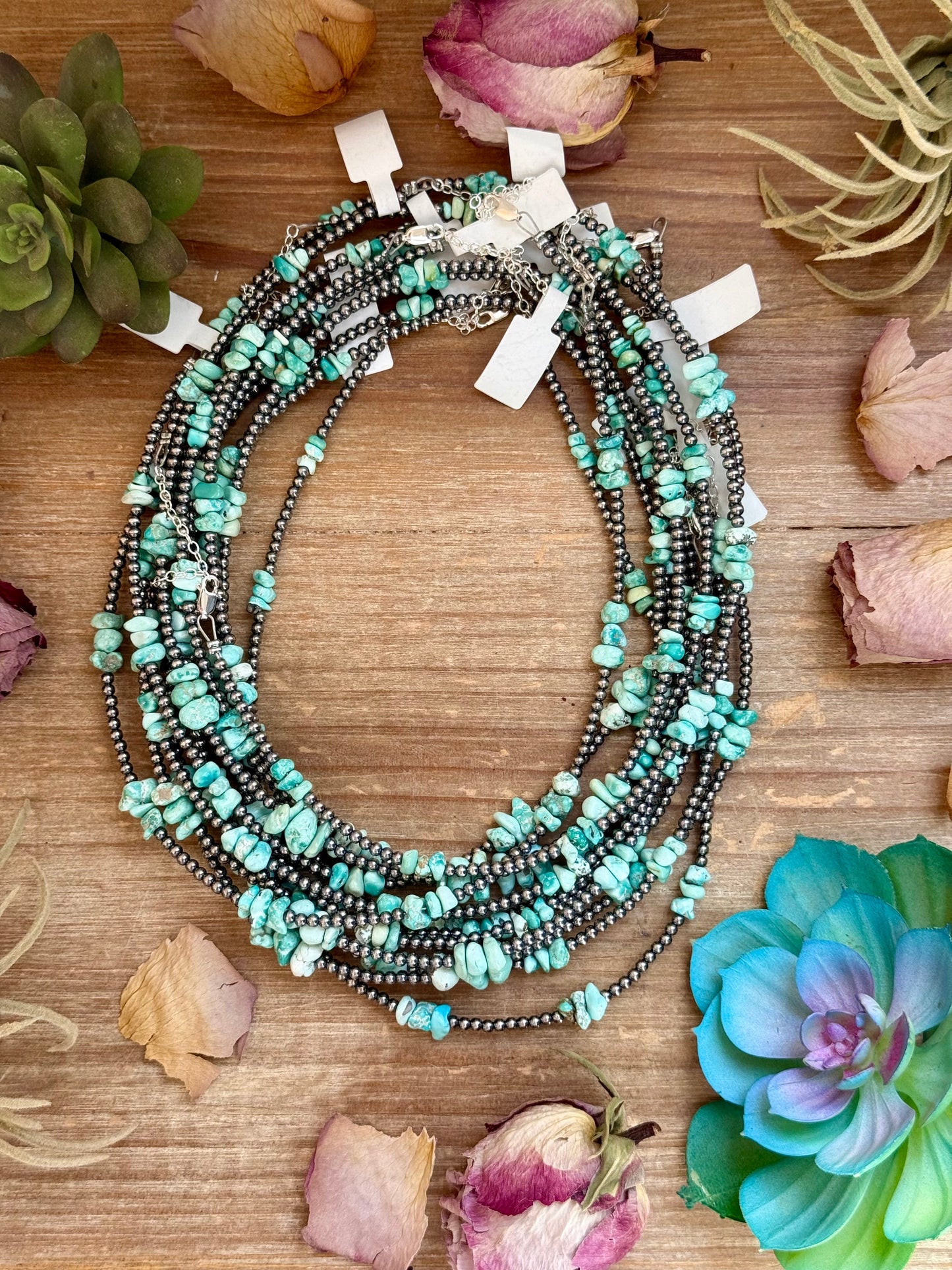 16.5” Sky Blue Lone Mountain Turquoise Nugget Necklace – 3mm Sterling Silver Pearls