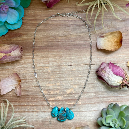 15” Turquoise Teardrop Chain Necklace – Silver Plated Paperclip