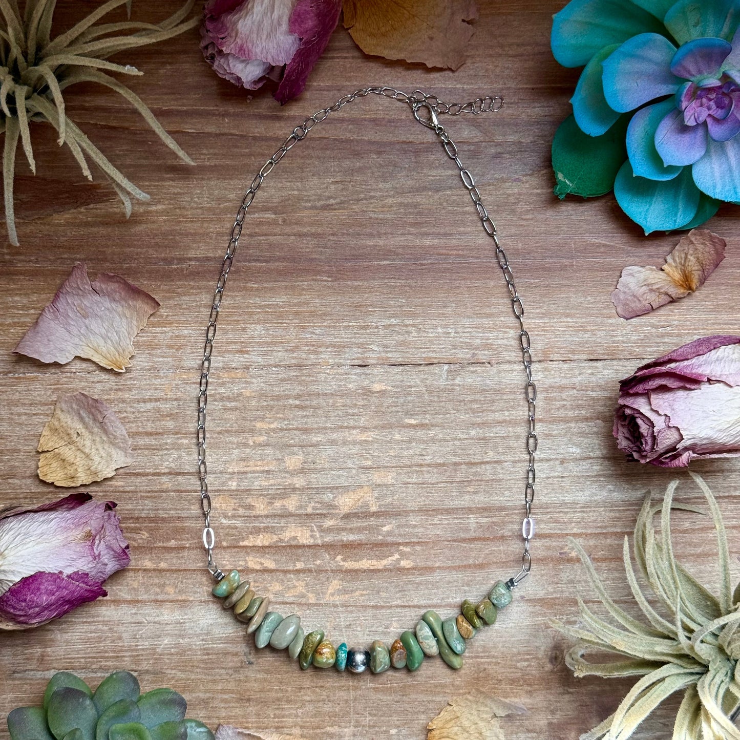 16.5” Green Turquoise Nugget Necklace – Sterling Silver & Paperclip Chain