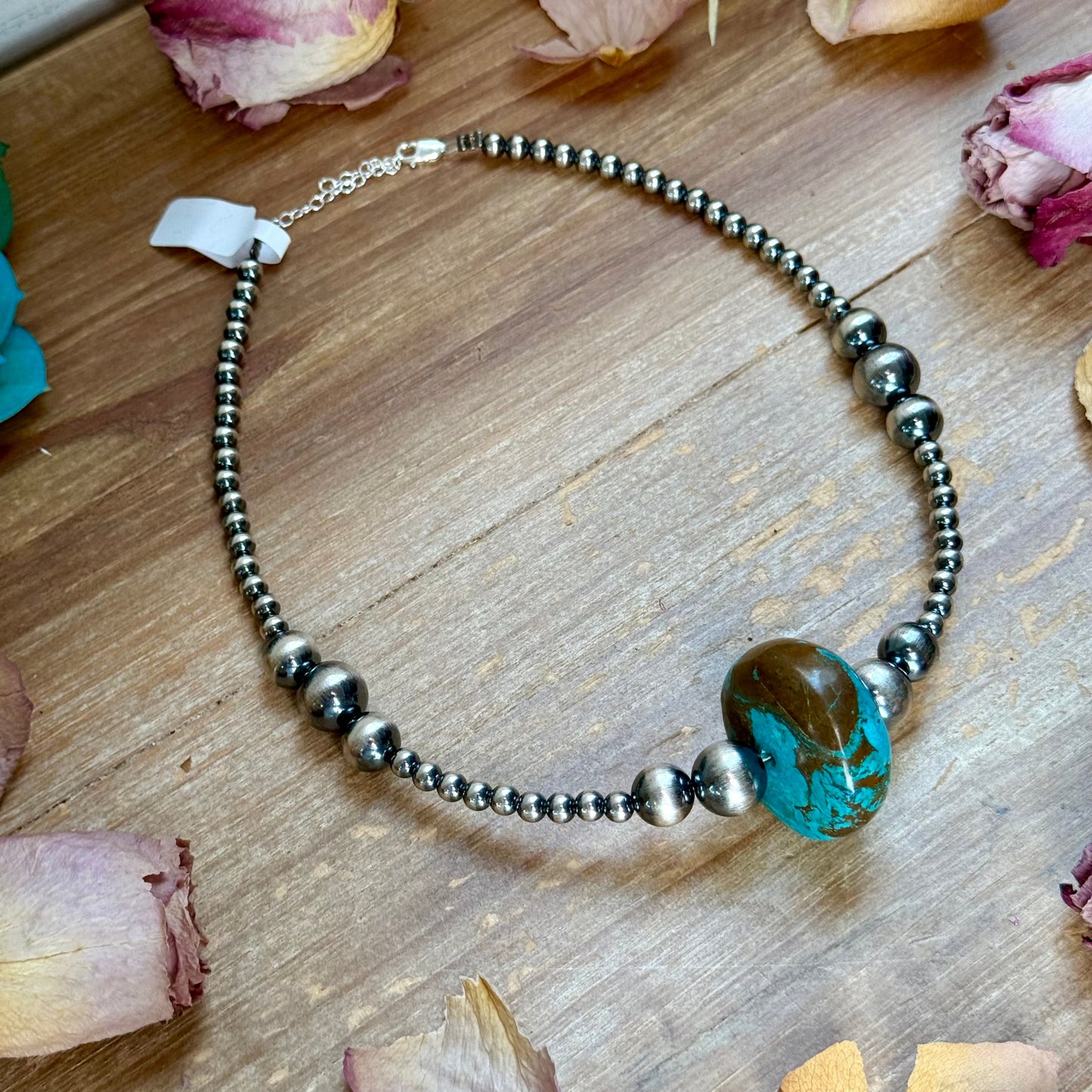 15.5” Turquoise Statement Necklace – Graduated Sterling Silver Pearls