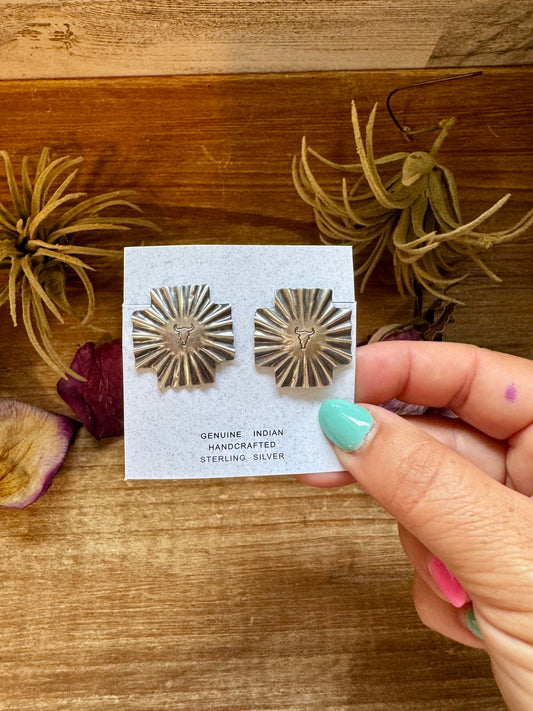 Square Cross Stud Earrings with Longhorn Skull – Sterling Silver