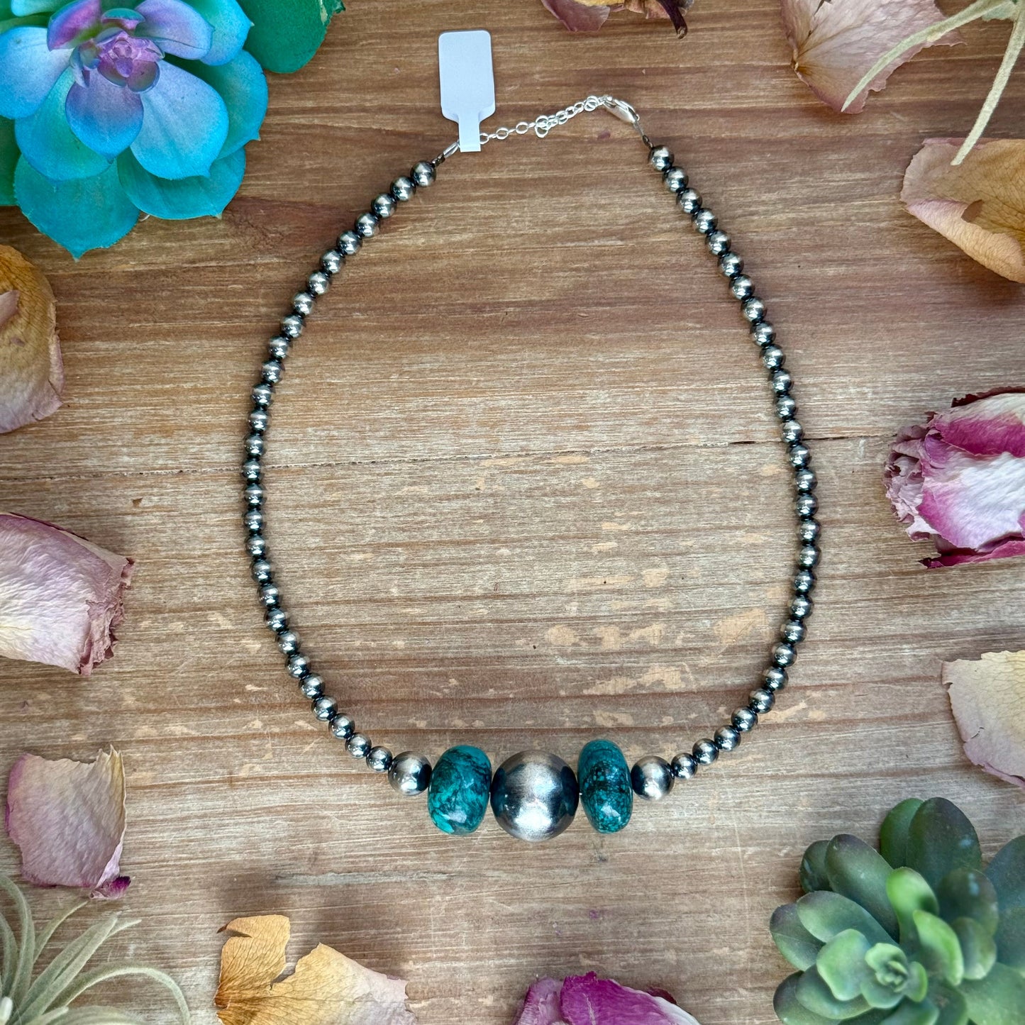 16.5” Turquoise Necklace – Sterling Silver Pearls