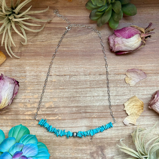 15” Turquoise Chip Paperclip Necklace – Sterling Silver Accent