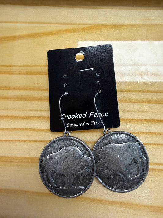 Large Faux Silver Buffalo Coin Earrings