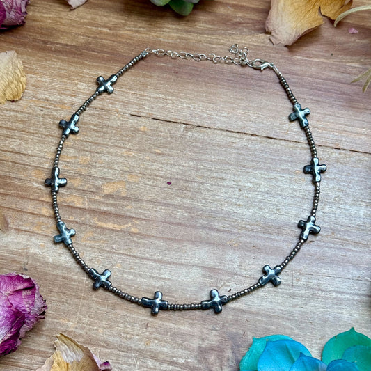 15” Cross Necklace – Glass Seed Beads with Silver Plated Cross
