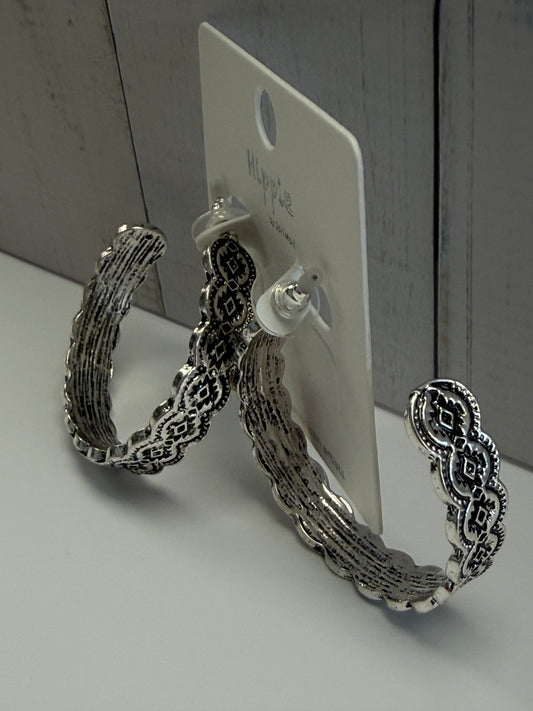 Silver Aztec Scalloped Hoop Earrings