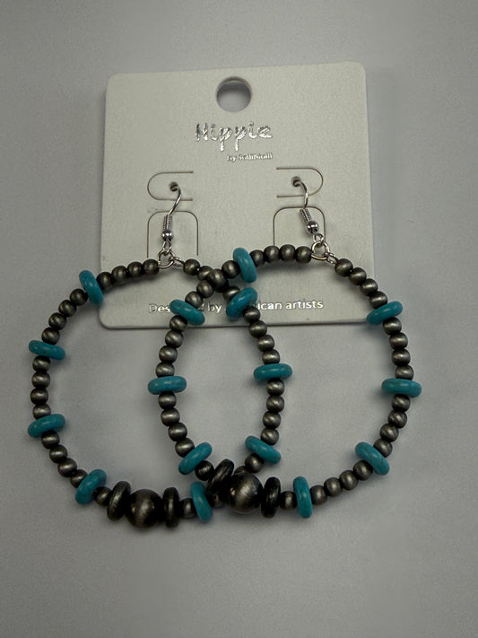 Turquoise & Silver Beaded Hoop Earrings