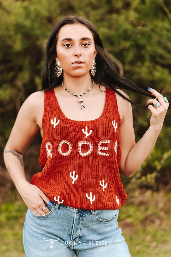 Knit Tank With Braid Rodeo Cactus Embroidered Top