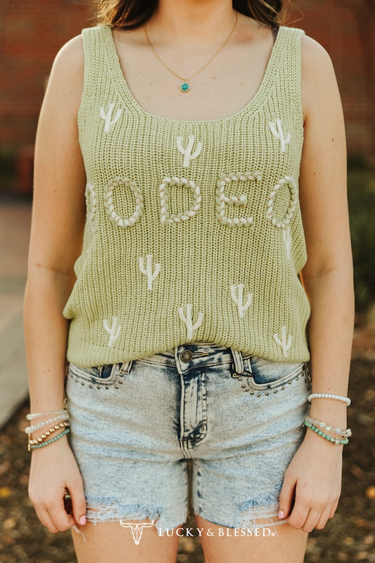 Knit Tank With Braid Rodeo Cactus Embroidered Top