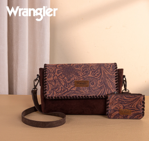 Wrangler Vintage Floral Printed Crossbody Bag with Small Pouch- Coffee