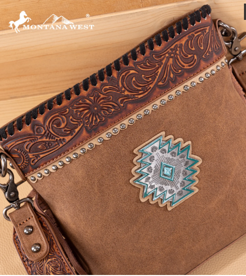 Montana West Tooled Aztec Concho Collection Crossbody -Brown