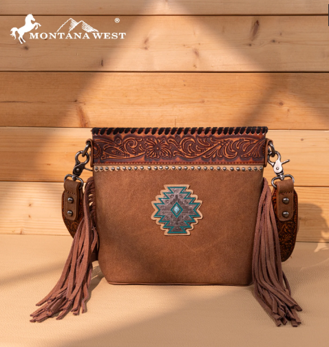 Montana West Tooled Aztec Concho Collection Crossbody -Brown