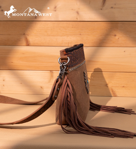 Montana West Tooled Aztec Concho Collection Crossbody -Brown