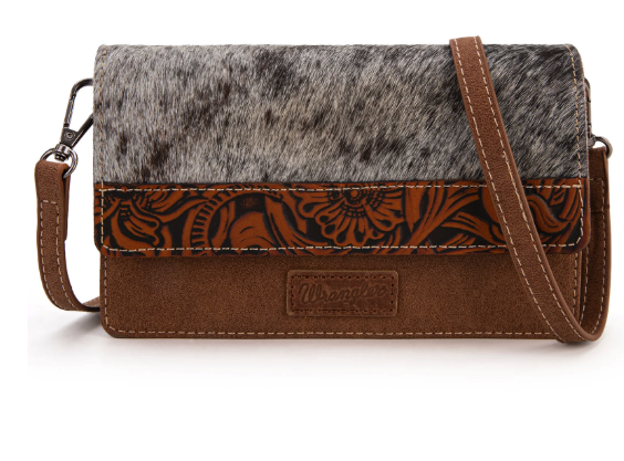 Wrangler Genuine Hair-On Cowhide Wallet/Crossbody -Brown
