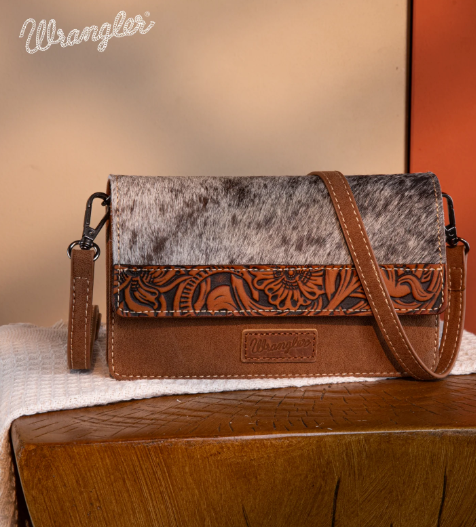 Wrangler Genuine Hair-On Cowhide Wallet/Crossbody -Brown
