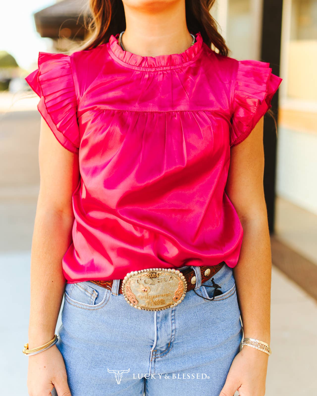 Pink Satin Pleated Ruffle Sleeveless Top
