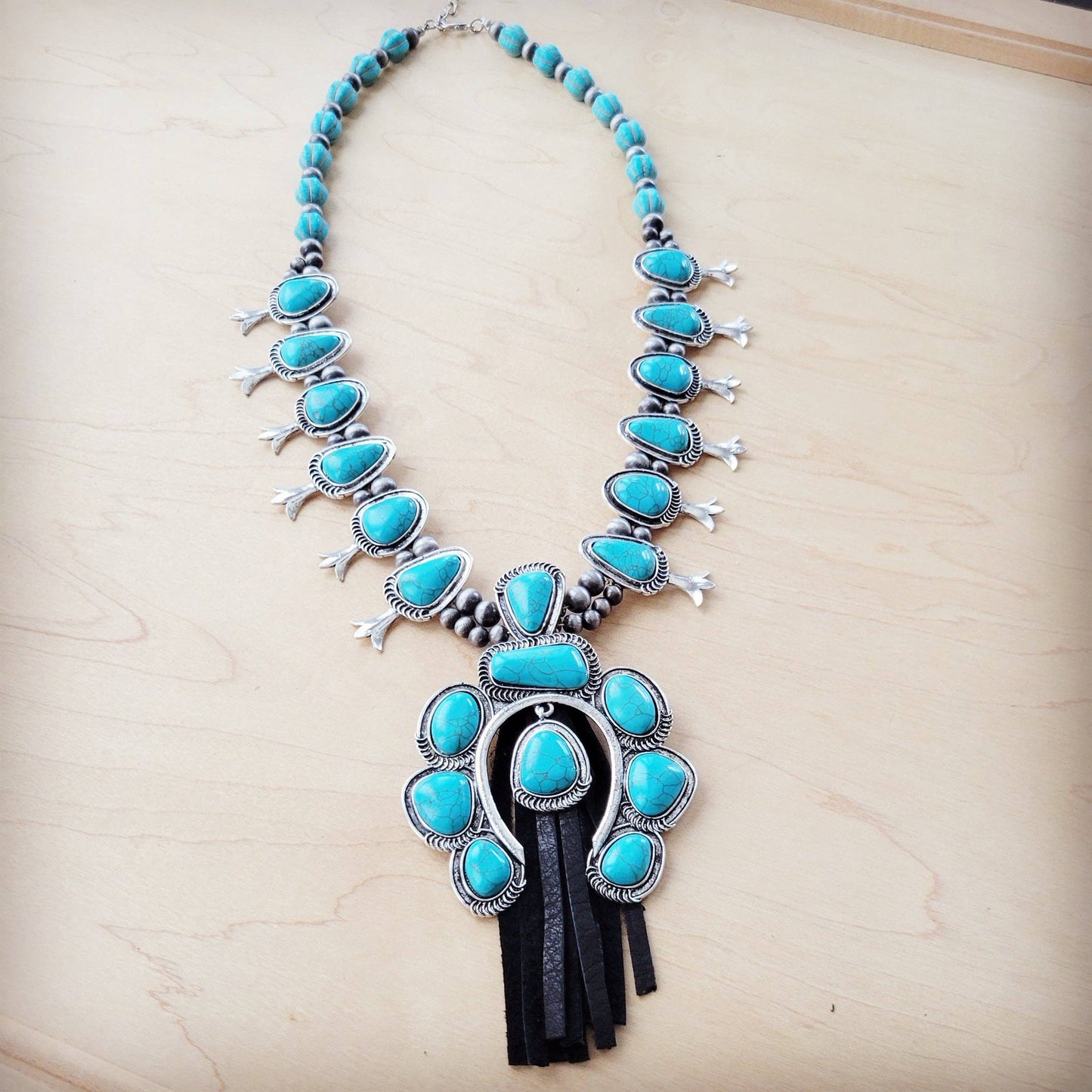 Faux Turquoise Squash Blossom Necklace w/ Short Black Tassel