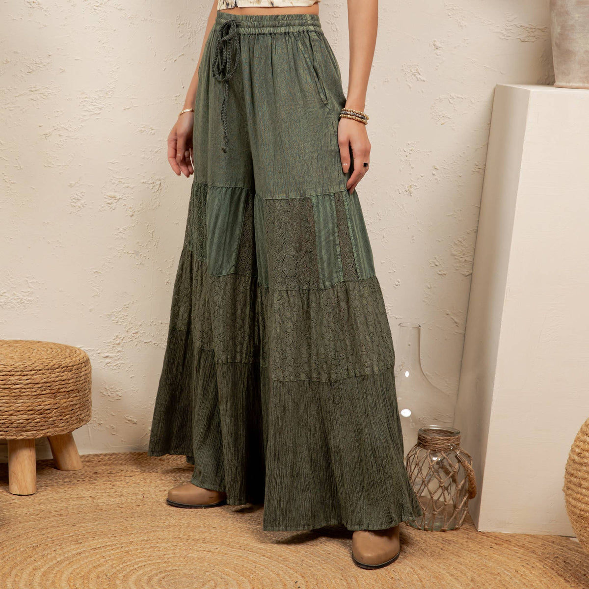 Artisan Flax 4-Tier Denim Patchwork Wide Leg Pants