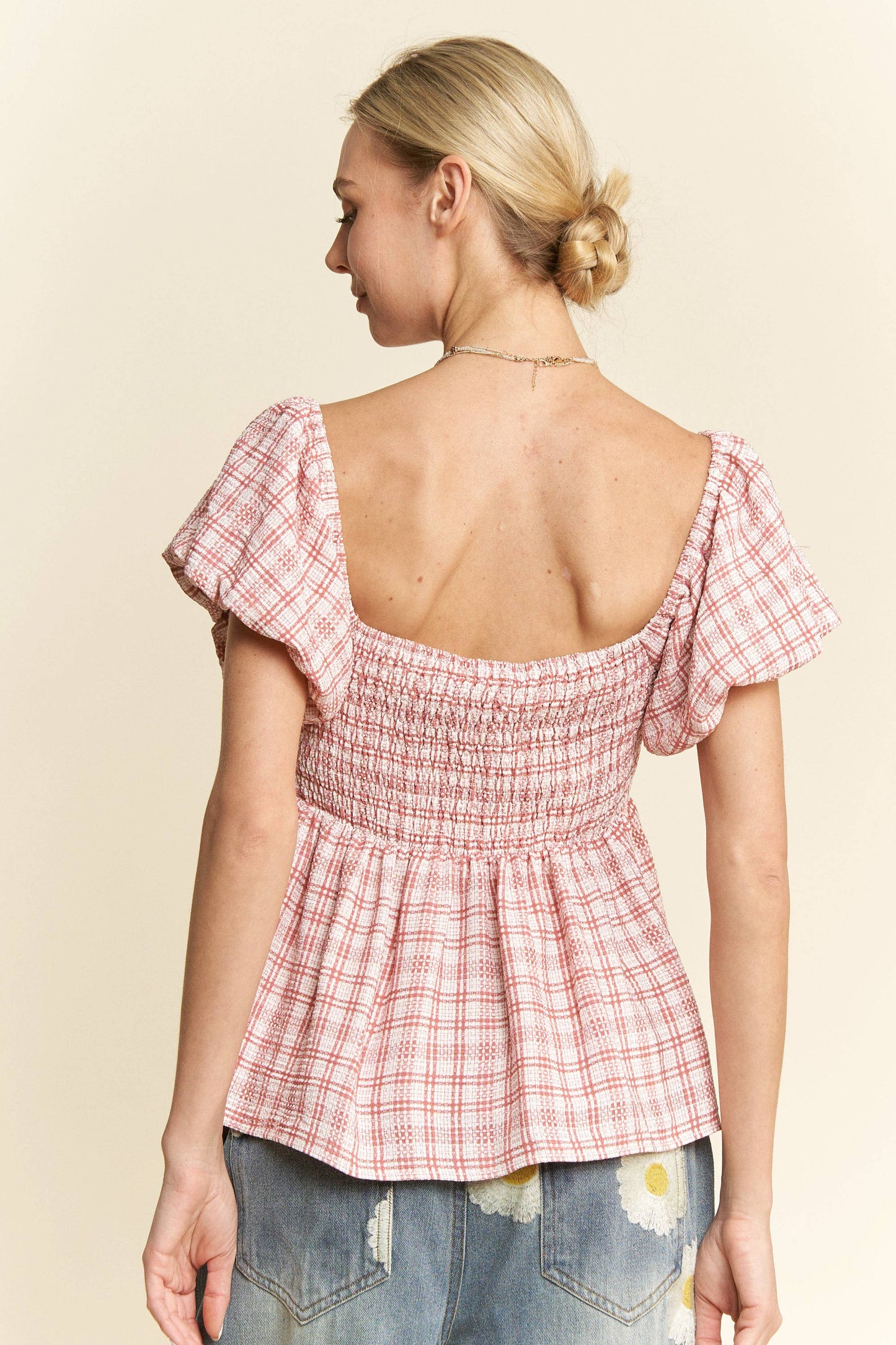 PLAID PUFF SLEEVES RUFFLED SMOCKED TOP BLOUSE